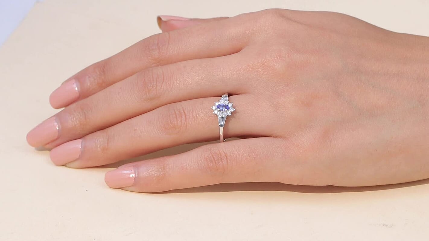 D'Joy AAA Tanzanite, Moissanite Twilight Starburst Ring in Rhodium Over Sterling Silver (Size 10.0) 0.65 ctw