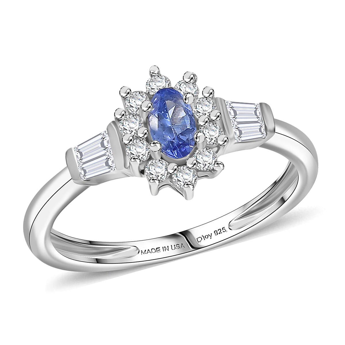 D'Joy AAA Tanzanite, Moissanite Twilight Starburst Ring in Rhodium Over Sterling Silver (Size 10.0) 0.65 ctw