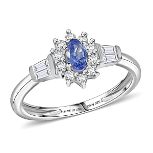 D'Joy AAA Tanzanite, Moissanite Starburst Ring in Rhodium Over Sterling Silver 0.65 ctw (Size 8.0)