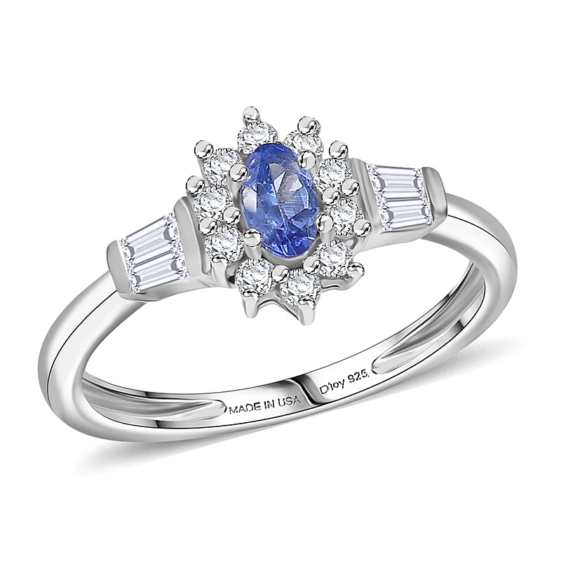 D'Joy AAA Tanzanite, Moissanite Starburst Ring in Rhodium Over Sterling Silver 0.65 ctw (Size 8.0)