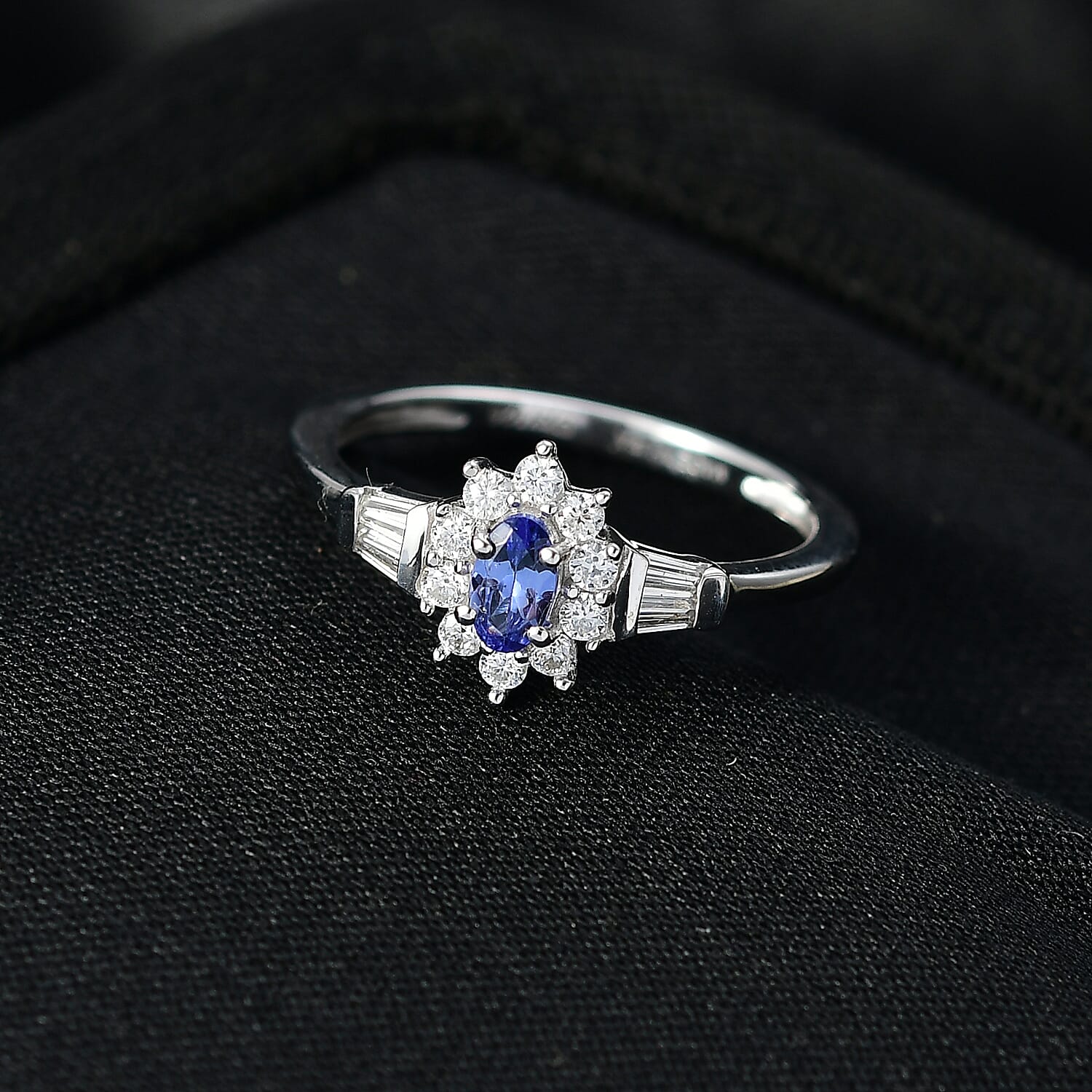 D'Joy AAA Tanzanite, Moissanite Starburst Ring in Rhodium Over Sterling Silver 0.65 ctw (Size 8.0)