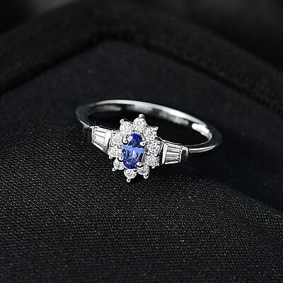 D'Joy AAA Tanzanite, Moissanite Starburst Ring in Rhodium Over Sterling Silver 0.65 ctw (Size 8.0)