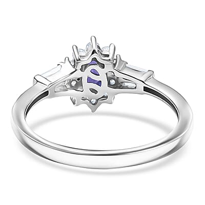 D'Joy AAA Tanzanite, Moissanite Starburst Ring in Rhodium Over Sterling Silver 0.65 ctw (Size 8.0)