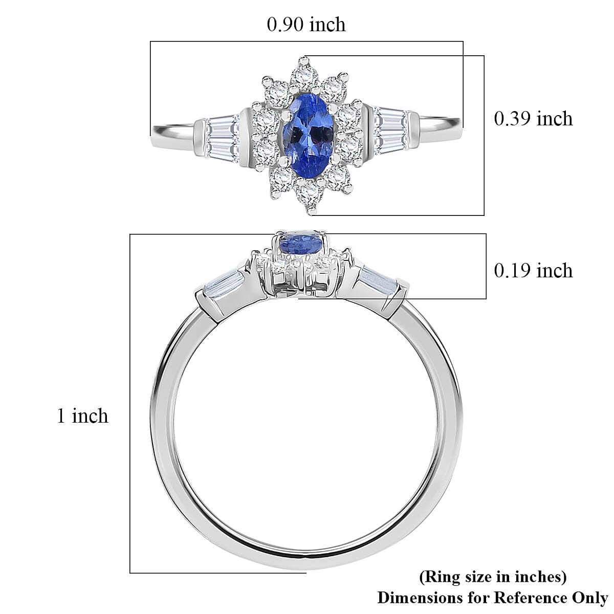 D'Joy AAA Tanzanite, Moissanite Starburst Ring in Rhodium Over Sterling Silver 0.65 ctw (Size 8.0)