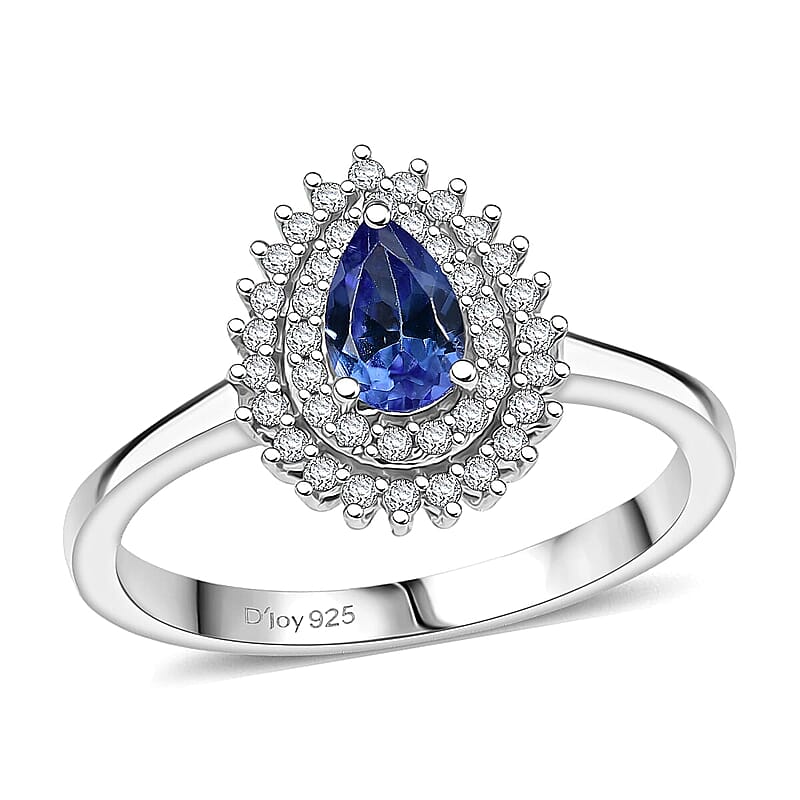 D'Joy AAA Tanzanite, White Zircon Drop Ring in Rhodium Over Sterling Silver 0.80 ctw (Size 10.0)