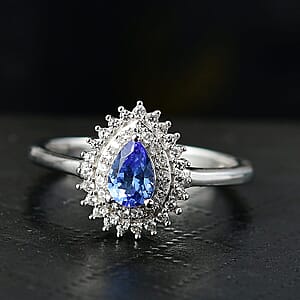 D'Joy AAA Tanzanite, White Zircon Drop Ring in Rhodium Over Sterling Silver 0.80 ctw (Size 10.0)
