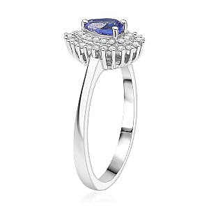 D'Joy AAA Tanzanite, White Zircon Drop Ring in Rhodium Over Sterling Silver 0.80 ctw (Size 10.0)