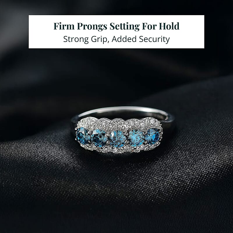 Luxuriant Lab Grown Blue Diamond, White Diamond Ring in Rhodium Over Sterling Silver 1.00 ctw (Size 6.0)