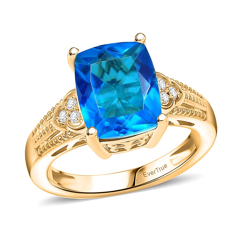 EverTrue Caribbean Quartz (Triplet) and White Zircon 5.40 ctw Ring in 18K Yellow Gold Plated (Size 10.0)