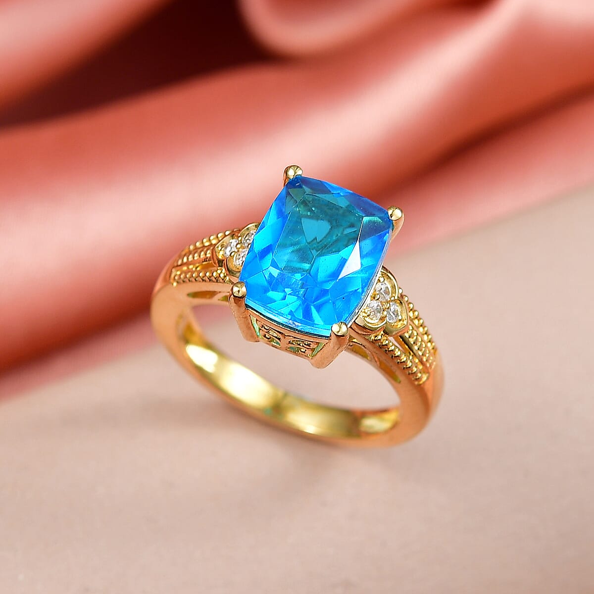 EverTrue Caribbean Quartz and White Zircon 5.40 ctw Ring in 18K Yellow Gold Plated (Size 6.0) image number 1