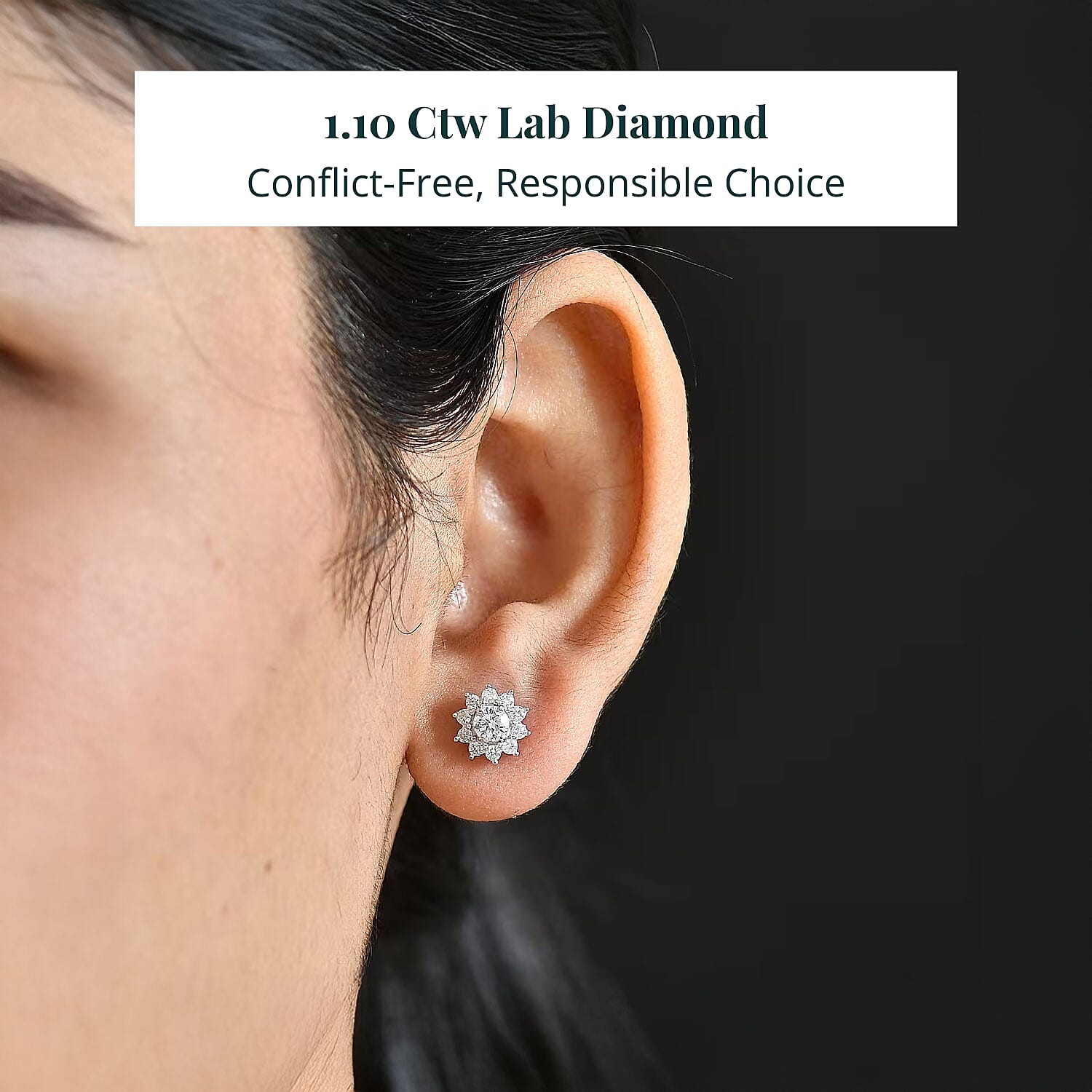 Luxuriant Lab Grown Diamond G-H SI 1.10 ctw Bloom Halo Studs Earrings in Rhodium Over Sterling Silver