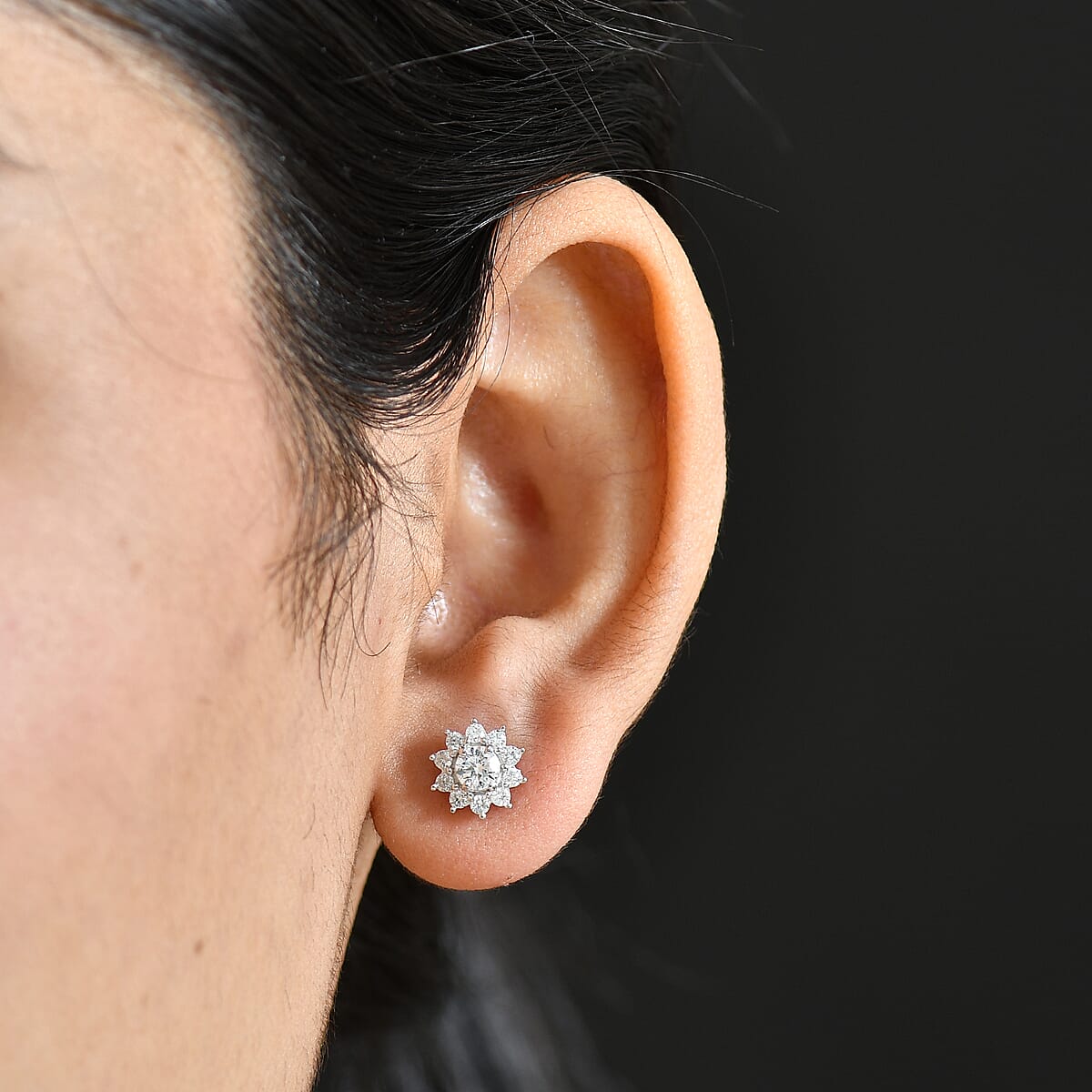 Luxuriant Lab Grown Diamond G-H SI 1.10 ctw Bloom Halo Studs Earrings in Rhodium Over Sterling Silver image number 2