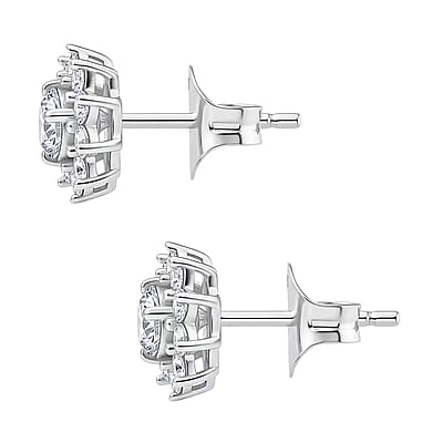 Luxuriant Lab Grown Diamond G-H SI 1.10 ctw Bloom Halo Studs Earrings in Rhodium Over Sterling Silver