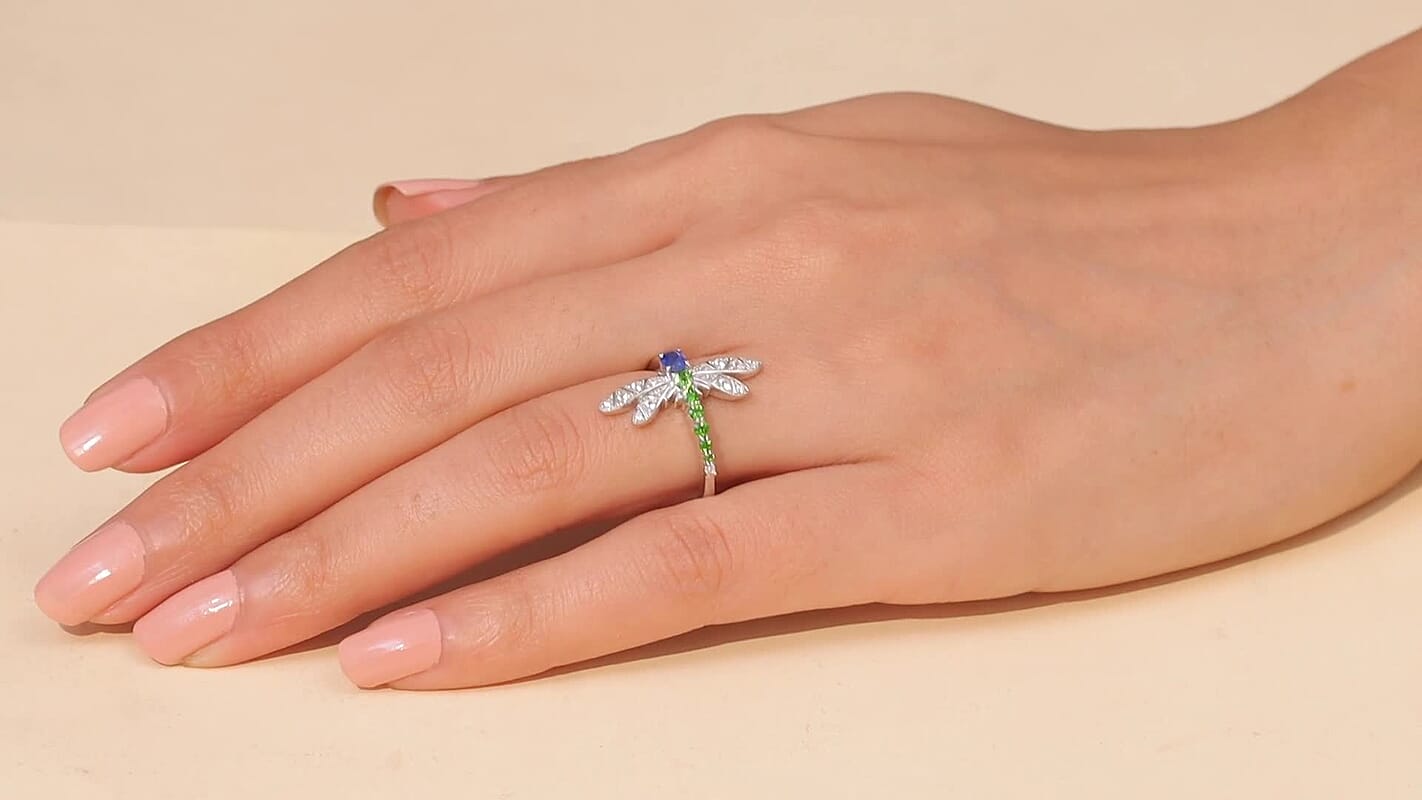 GP Trionfo Collection Kashmir Kyanite, Multi Gemstone Ring in Rhodium Over Sterling Silver (Size 10.0) (Del. in 7-10 Days) 0.65 ctw