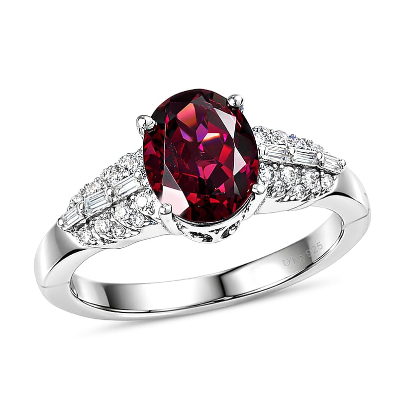 D'Joy Orissa Rhodolite Garnet and Moissanite 2.50 ctw Victorian Crown Scroll Ring in Rhodium Over Sterling Silver (Size 10.0)