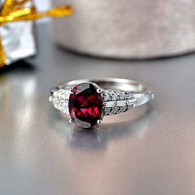 D'Joy Orissa Rhodolite Garnet and Moissanite 2.50 ctw Victorian Crown Scroll Ring in Rhodium Over Sterling Silver (Size 10.0)