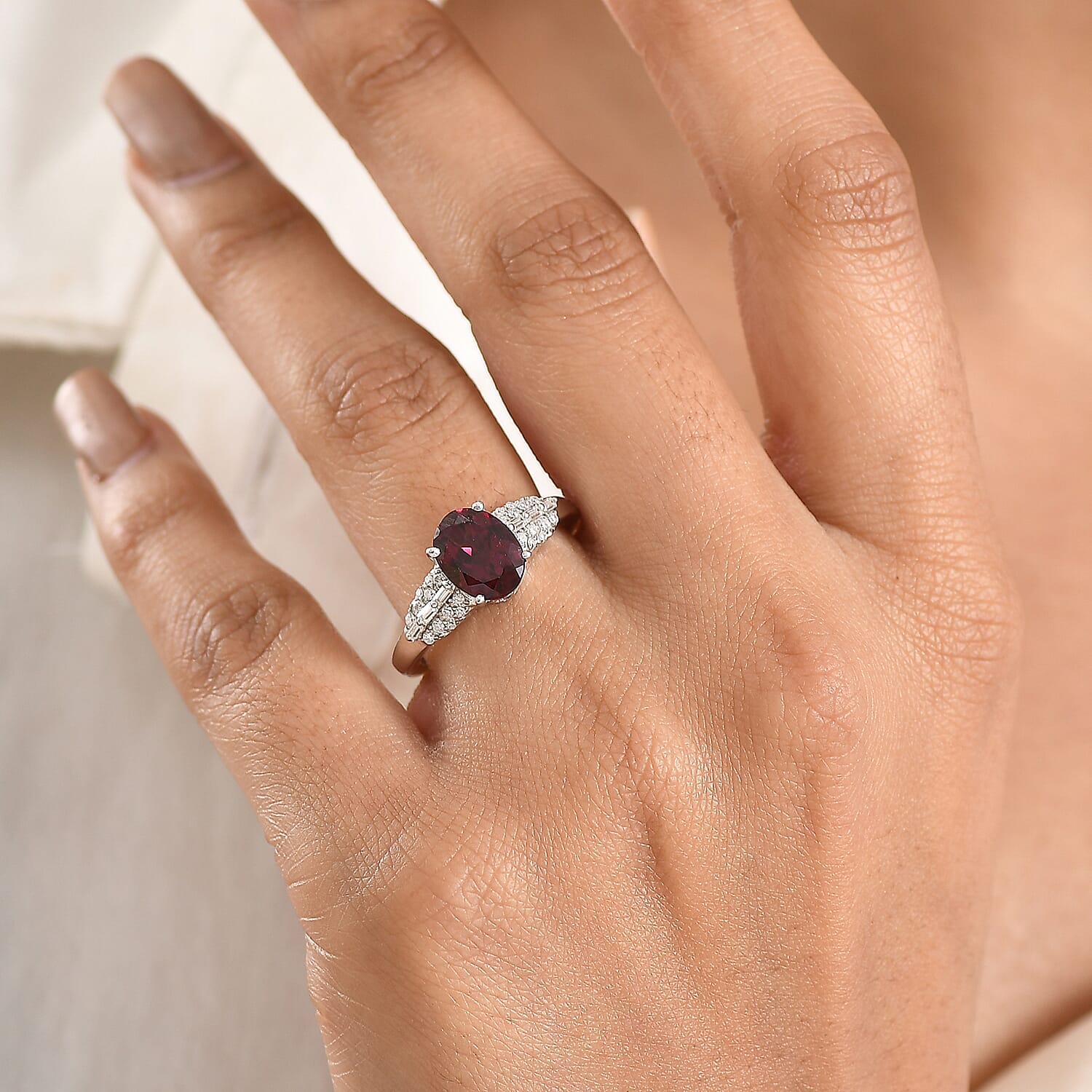 D'Joy Orissa Rhodolite Garnet and Moissanite 2.50 ctw Victorian Crown Scroll Ring in Rhodium Over Sterling Silver (Size 10.0)