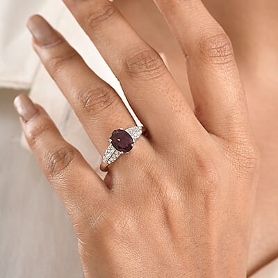 D'Joy Orissa Rhodolite Garnet and Moissanite 2.50 ctw Victorian Crown Scroll Ring in Rhodium Over Sterling Silver (Size 10.0)