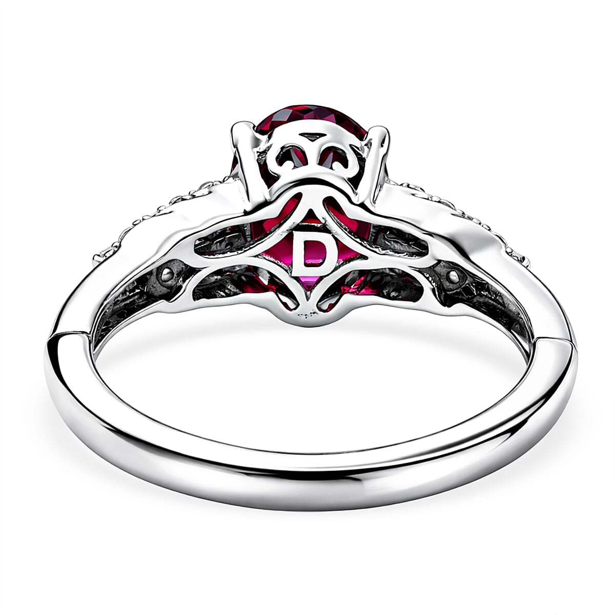D'Joy Orissa Rhodolite Garnet and Moissanite 2.50 ctw Victorian Crown Scroll Ring in Rhodium Over Sterling Silver (Size 10.0)