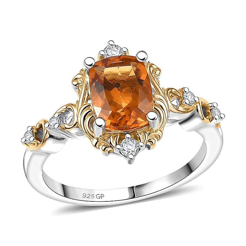 GP Royal Art Deco Collection Brazilian Citrine, White Zircon Ring in 18K Vermeil YG and Rhodium Over Sterling Silver 1.60 ctw (Size 10.0)