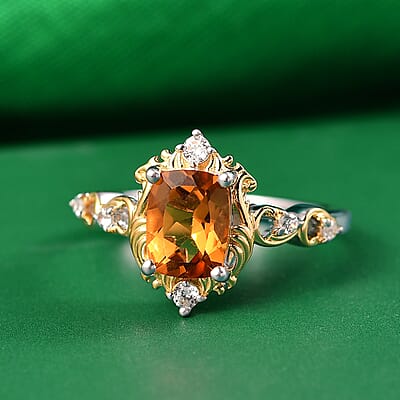 GP Royal Art Deco Collection Brazilian Citrine, White Zircon Ring in 18K Vermeil YG and Rhodium Over Sterling Silver 1.60 ctw (Size 10.0)