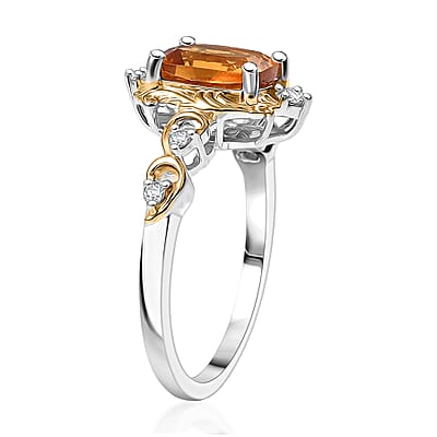 GP Royal Art Deco Collection Brazilian Citrine, White Zircon Ring in 18K Vermeil YG and Rhodium Over Sterling Silver 1.60 ctw (Size 10.0)