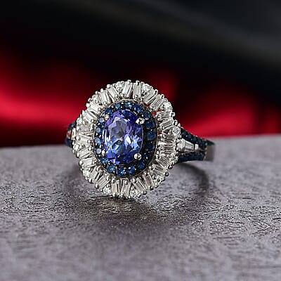 D'Joy Premium Tanzanite and Multi Gemstone 2.00 ctw Sunburst Ring in Rhodium Over Sterling Silver (Size 7.0)