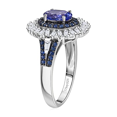 D'Joy Premium Tanzanite and Multi Gemstone 2.00 ctw Sunburst Ring in Rhodium Over Sterling Silver (Size 7.0)