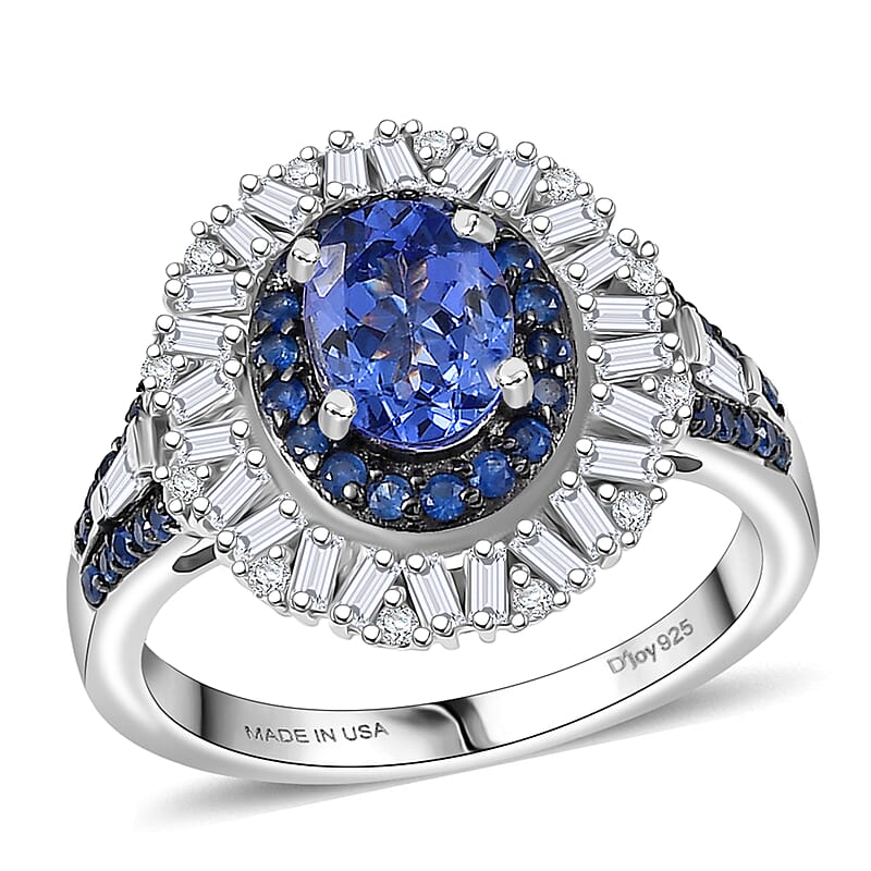 D'Joy Premium Tanzanite and Multi Gemstone 2.00 ctw Sunburst Ring in Rhodium Over Sterling Silver (Size 8.0)