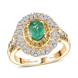 D'Joy Premium Kagem Zambian Emerald, Multi Gemstone Ring in 18K Vermeil YG Over Sterling Silver (Size 10.0) 1.70 ctw