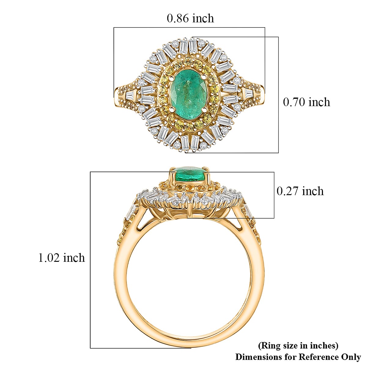 D'Joy Kagem Zambian Emerald, Multi Gemstone Ring in 18K Vermeil YG Over Sterling Silver 1.70 ctw (Size 8.0)