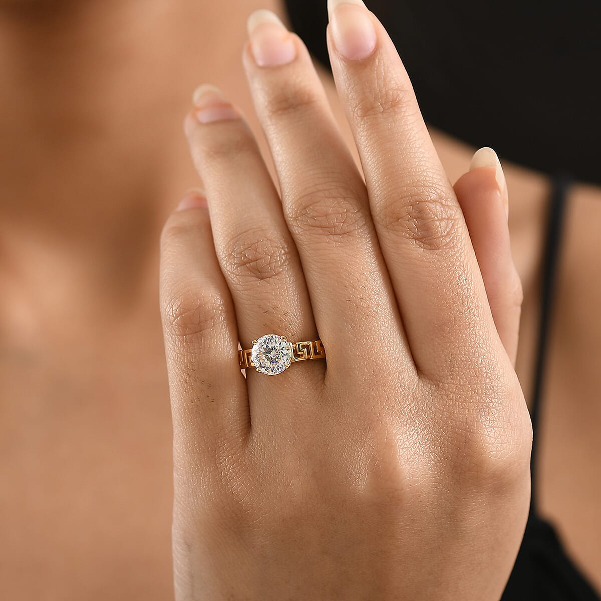 D'Joy 129 Facet Strontium Titanate 3.10 ctw Art Deco Ring in 18K Vermeil Yellow Gold Over Sterling Silver (Size 10.0) image number 2