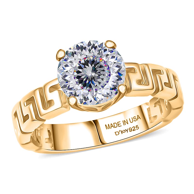 D'Joy 129 Facet Strontium Titanate 3.10 ctw Art Deco Ring in 18K Vermeil Yellow Gold Over Sterling Silver (Size 7.0)