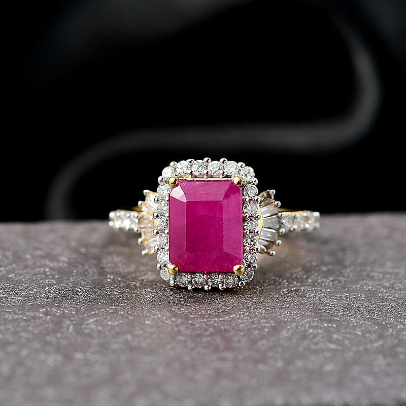 Premium Royal Ruby and Luxuriant Lab Grown Diamond G-H SI 4.00 ctw Scarlet Crown Jewel Ring in 18K Vermeil Yellow Gold Over Sterling Silver (Size 10.0)