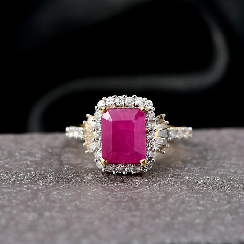 Premium Royal Ruby and Luxuriant Lab Grown Diamond G-H SI 4.00 ctw Scarlet Crown Jewel Ring in 18K Vermeil Yellow Gold Over Sterling Silver (Size 7.0)