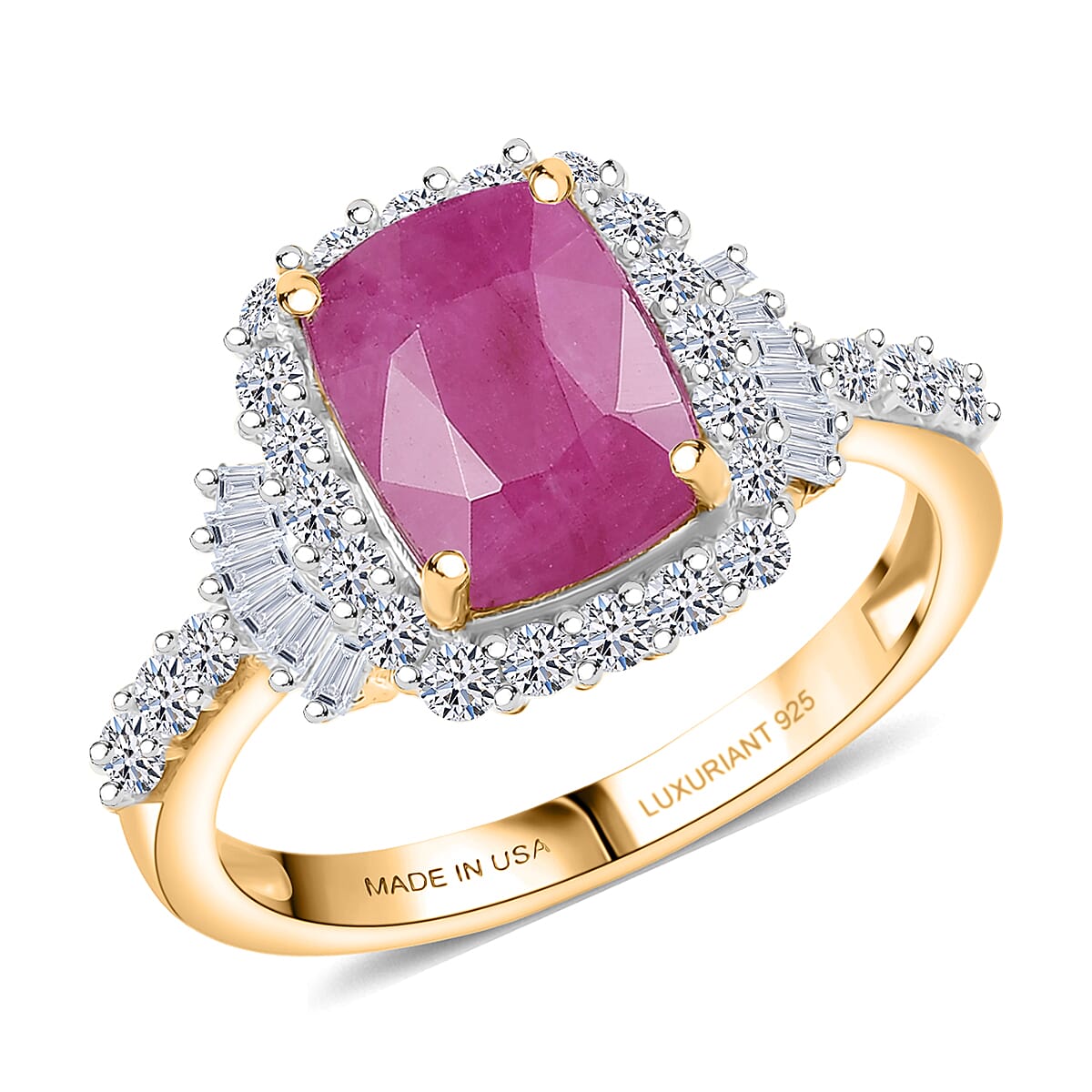 Premium Royal Ruby and Luxuriant Lab Grown Diamond G-H SI 3.85 ctw Ring in 18K Vermeil Yellow Gold Over Sterling Silver (Size 6.0) image number 0