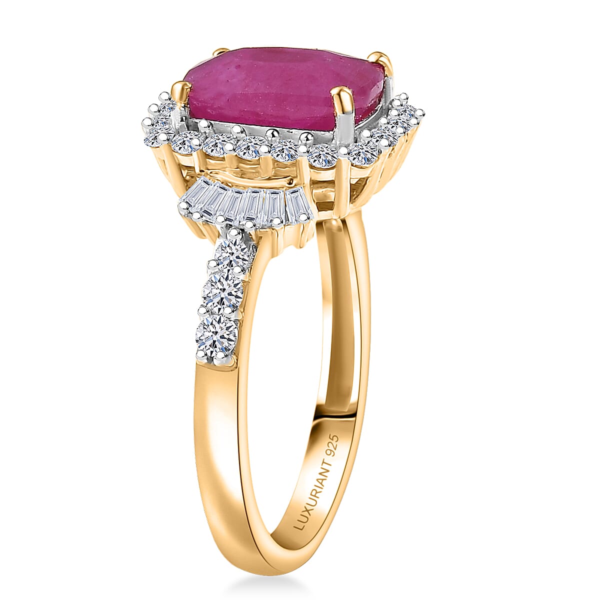 Premium Royal Ruby and Luxuriant Lab Grown Diamond G-H SI 3.85 ctw Scarlet Crown Jewel Ring in 18K Vermeil Yellow Gold Over Sterling Silver (Size 7.0) (Del. in 8-10 Days) image number 3
