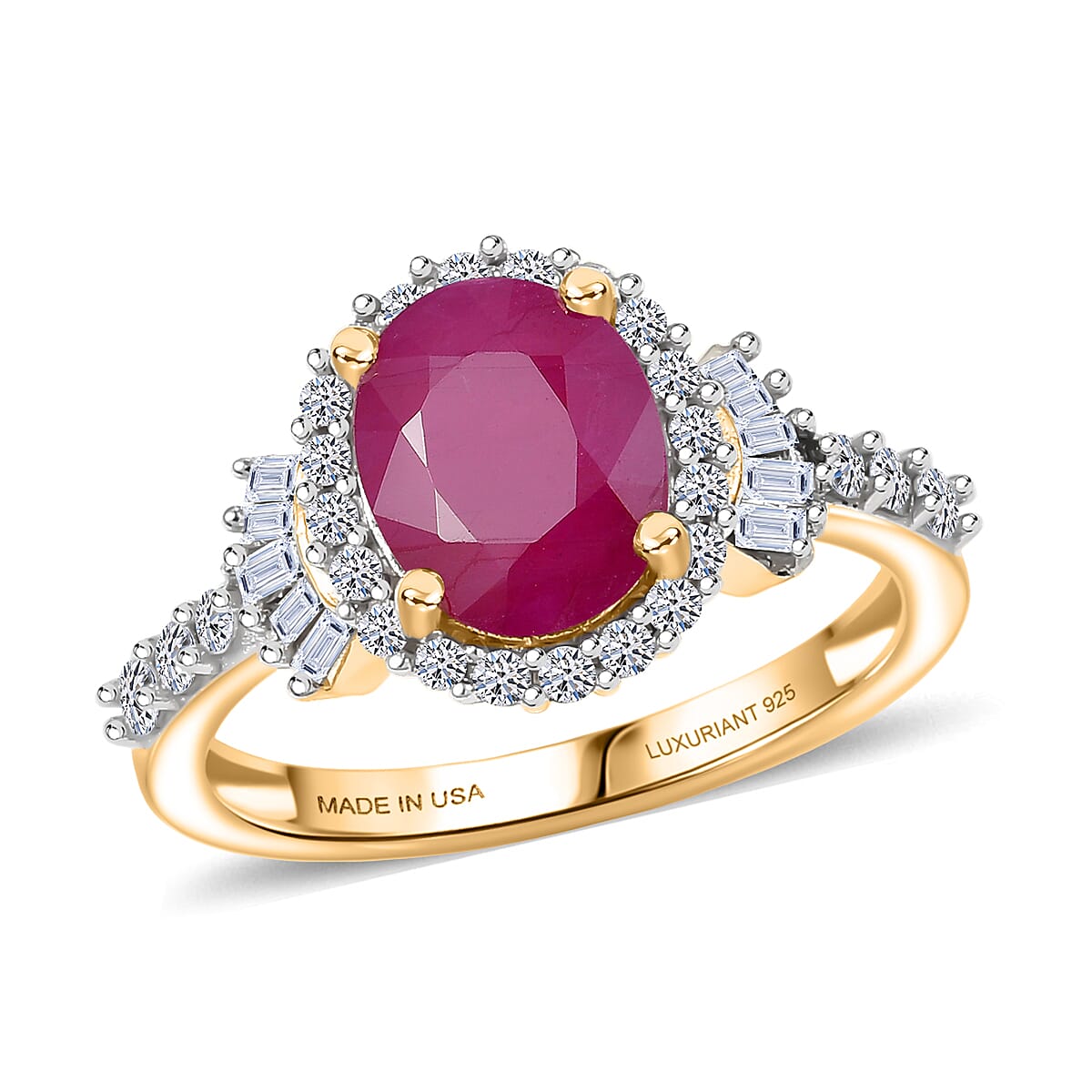 Premium Royal Ruby and Luxuriant Lab Grown Diamond G-H SI 3.30 ctw Ring in 18K Vermeil Yellow Gold Over Sterling Silver (Size 7.0) image number 0