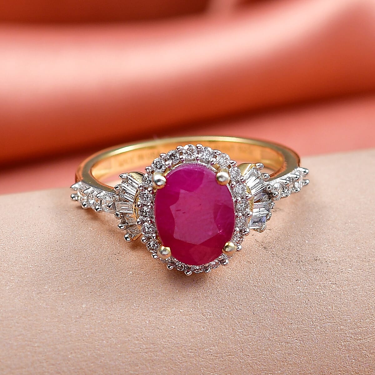 Premium Royal Ruby and Luxuriant Lab Grown Diamond G-H SI 3.30 ctw Ring in 18K Vermeil Yellow Gold Over Sterling Silver (Size 7.0) image number 1