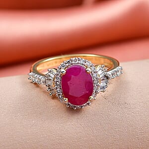 Premium Royal Ruby and Luxuriant Lab Grown Diamond G-H SI 3.30 ctw Scarlet Crown Jewel Ring in 18K Vermeil Yellow Gold Over Sterling Silver (Size 7.0) (Del. in 8-10 Days)