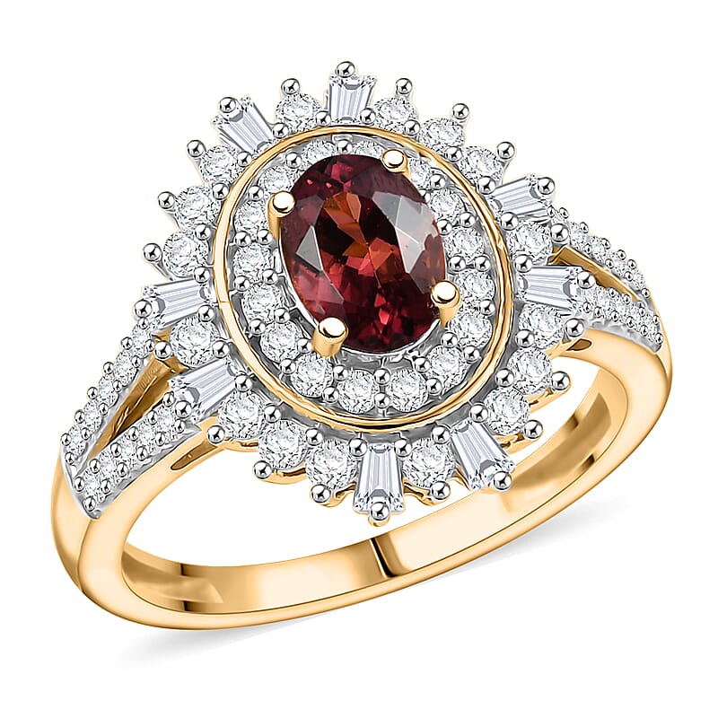 D'Joy AAA Ouro Fino Rubellite, Moissanite Ring in 18K Vermeil YG Over Sterling Silver 1.60 ctw (Size 10.0)