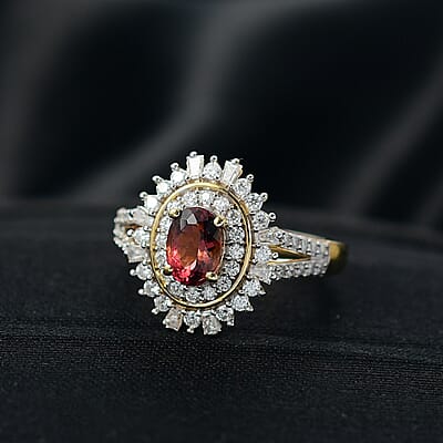 D'Joy AAA Ouro Fino Rubellite, Moissanite Ring in 18K Vermeil YG Over Sterling Silver 1.60 ctw (Size 9.0)