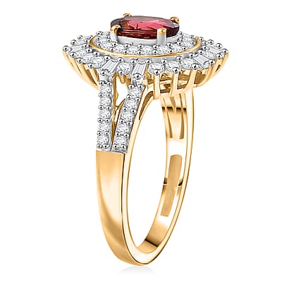 D'Joy AAA Ouro Fino Rubellite, Moissanite Ring in 18K Vermeil YG Over Sterling Silver 1.60 ctw (Size 9.0)