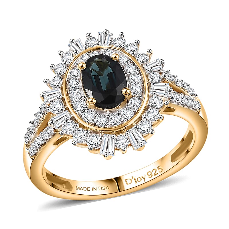 D'Joy AAA Monte Belo Indicolite, Moissanite Ring in 18K Vermeil YG Over Sterling Silver 1.40 ctw (Size 10.0)