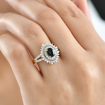 D'Joy AAA Monte Belo Indicolite, Moissanite Ring in 18K Vermeil YG Over Sterling Silver 1.40 ctw (Size 10.0)