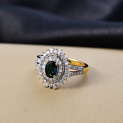 D'Joy AAA Monte Belo Indicolite, Moissanite Ring in 18K Vermeil YG Over Sterling Silver 1.40 ctw (Size 7.0)