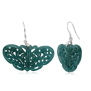 D'Joy Natural Olmec Jadeite 35.00 ctw Carved Butterfly Earrings in Rhodium Over Sterling Silver