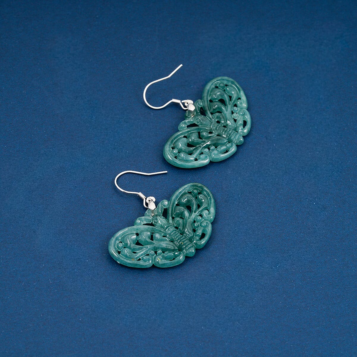 D'Joy Natural Olmec Jadeite 35.00 ctw Carved Butterfly Earrings in Rhodium Over Sterling Silver image number 1
