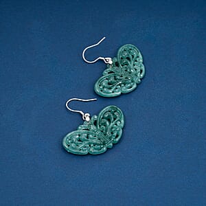 D'Joy Natural Olmec Jadeite 35.00 ctw Carved Butterfly Earrings in Rhodium Over Sterling Silver