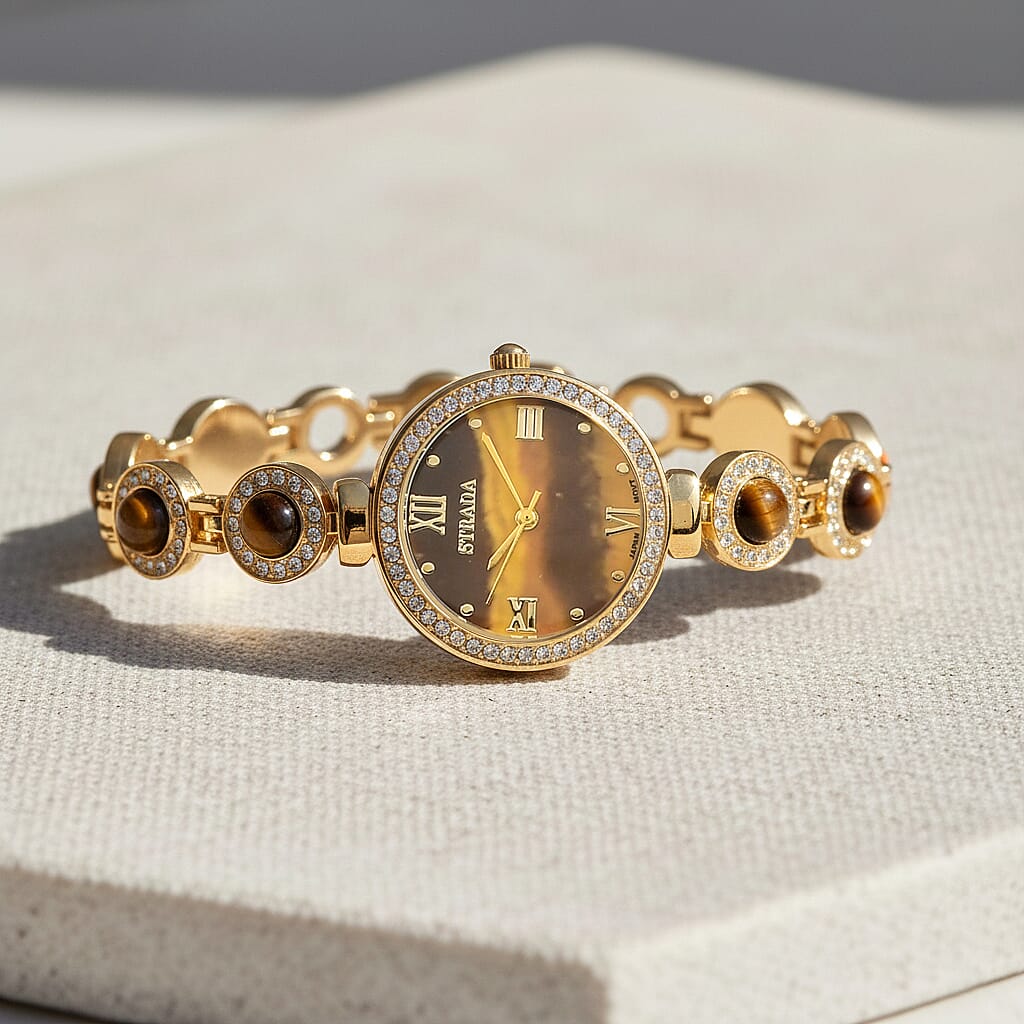 Strada Yellow Tiger Eye, Austrian Crystal Japanese Movement Watch in Goldtone 3.00 ctw